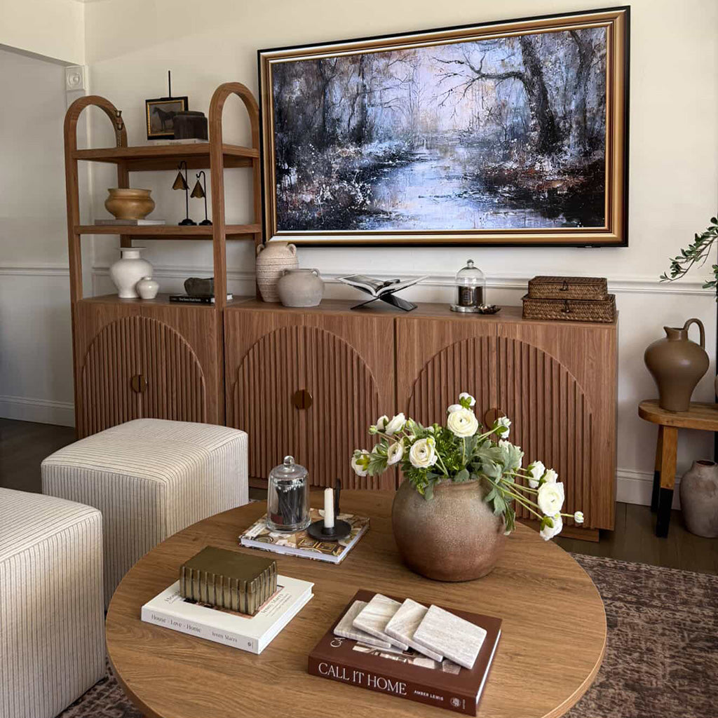 A tall bookshelf and a 65-inch Fluted Arc Cabinet