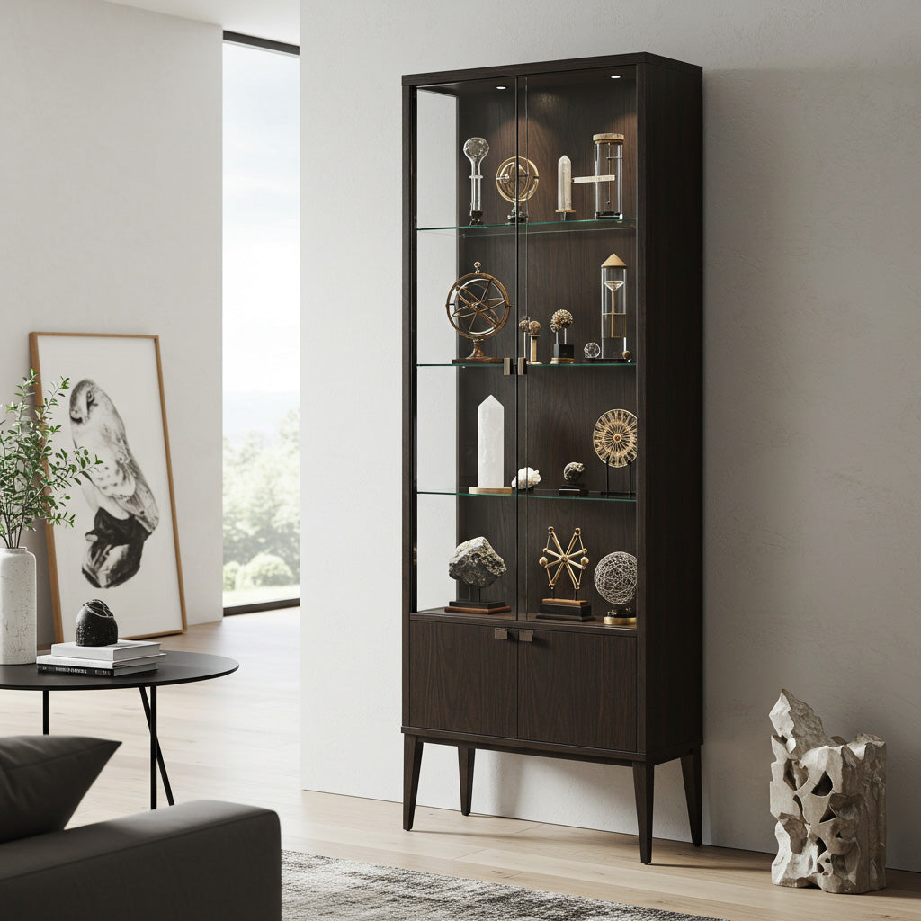 A tall wooden and glass curio cabinet