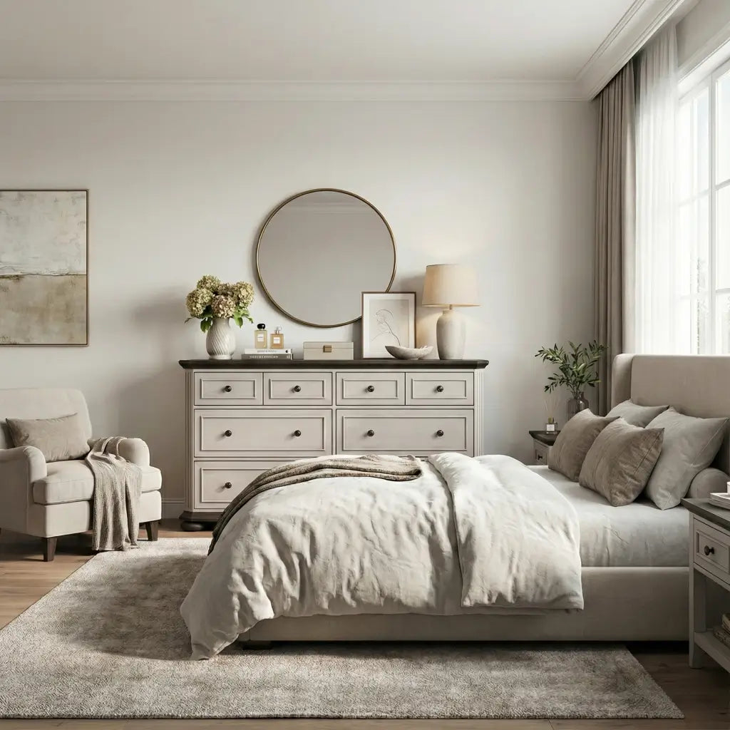 Bedroom dresser with mirror above