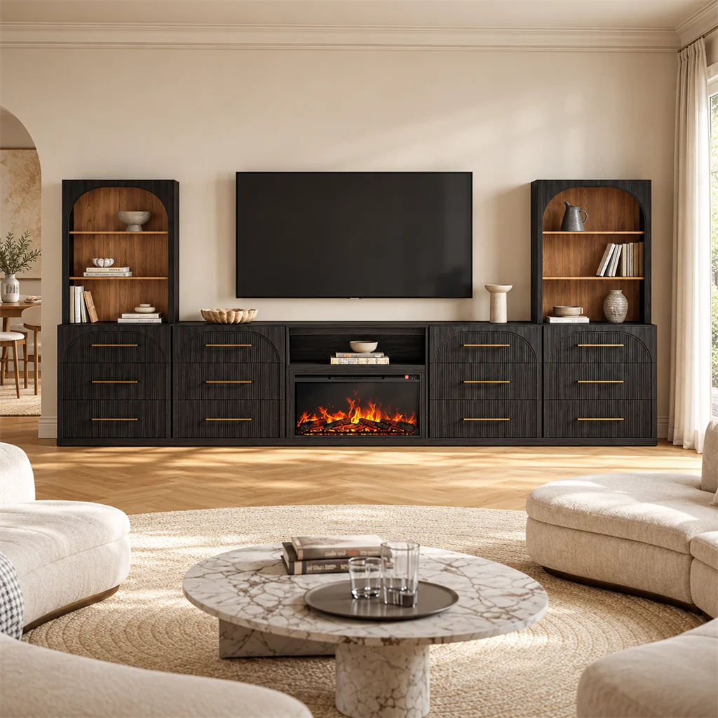 Black modular entertainment center with fireplace
