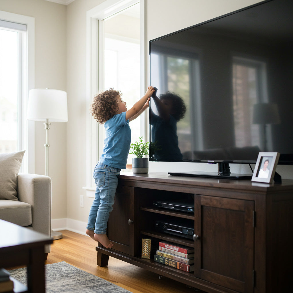Child climbing on TV stand
