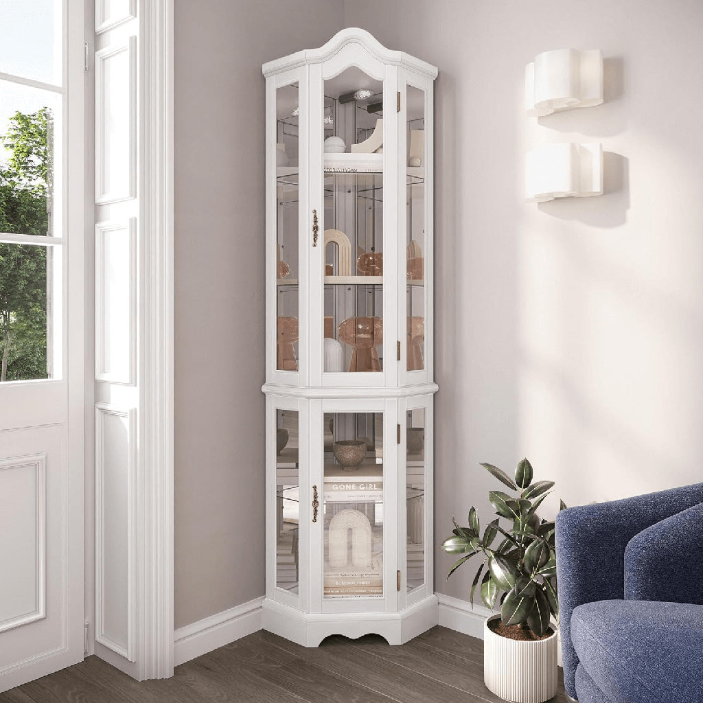 Corner Glass Display Curio Cabinet in living room
