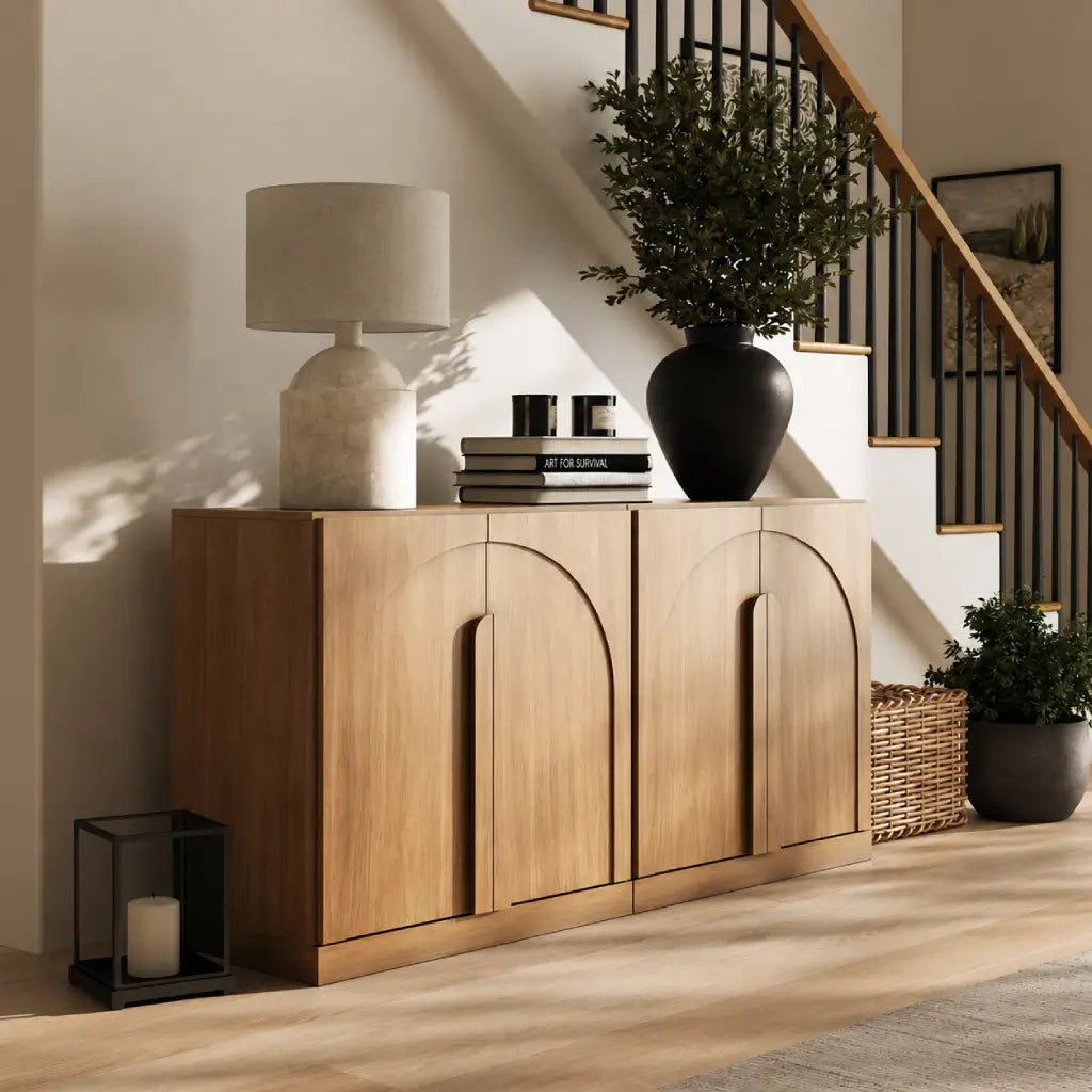 Double sideboard beside stairs for storage