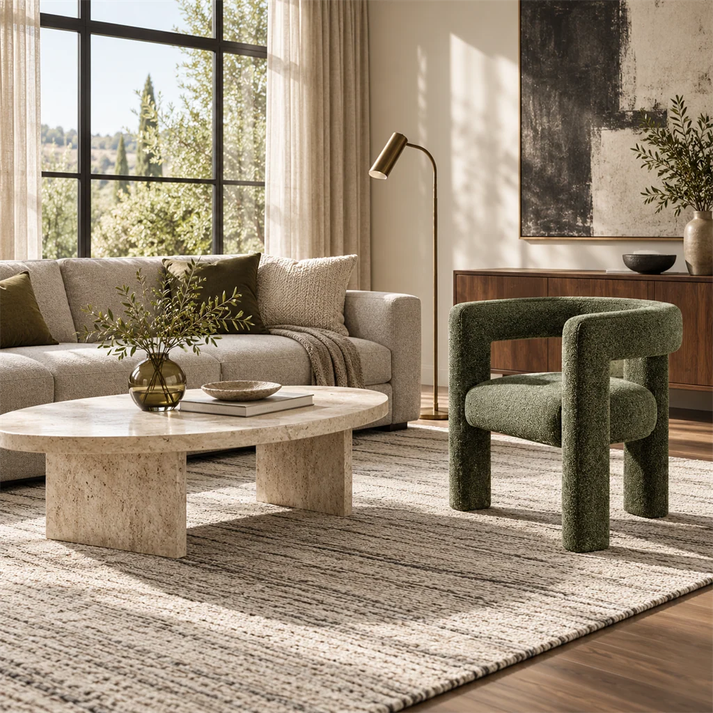 Green accent chair beside neutral sofa