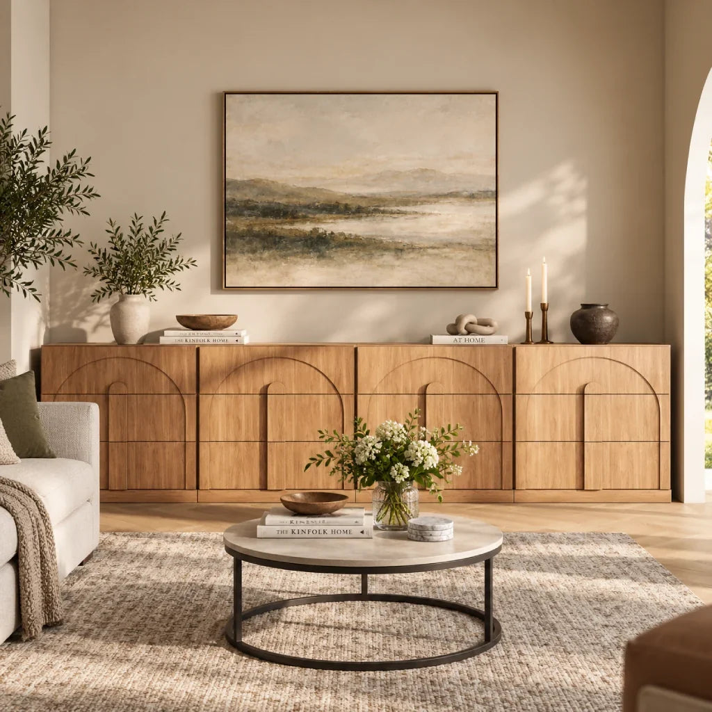 Long living room wall with sideboard