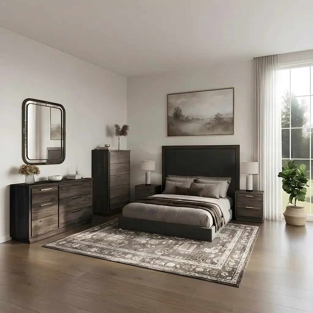 Modern-bedroom-with-dark-wood-dresser-set
