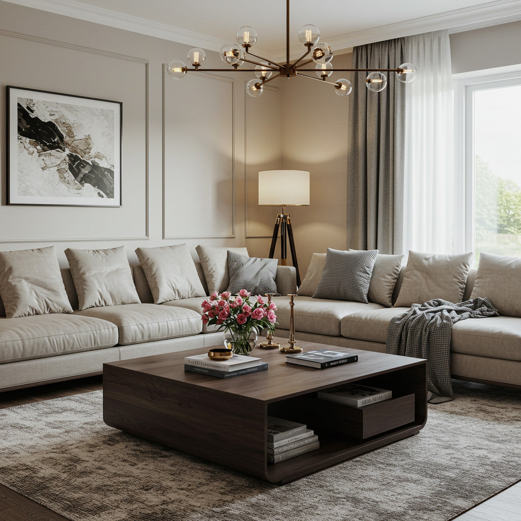 Modern sofas surround the coffee table