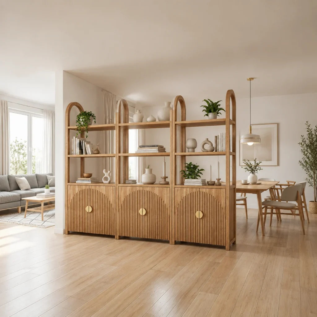 Open bookcase dividing living dining areas