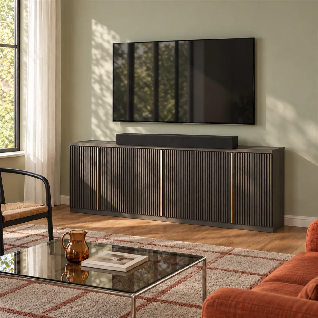 Soundbar centered beneath a mounted television