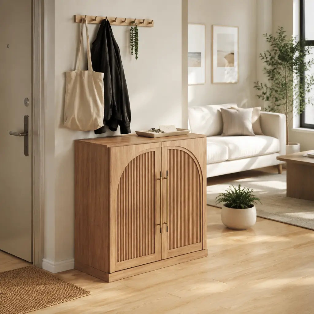 Studio entry storage cabinet with hooks
