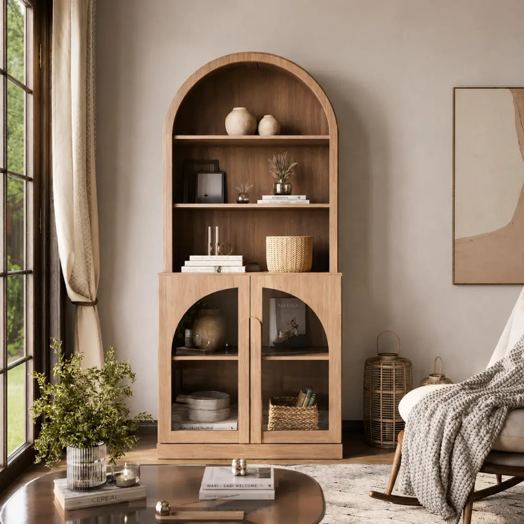 Styled arched bookcase living room