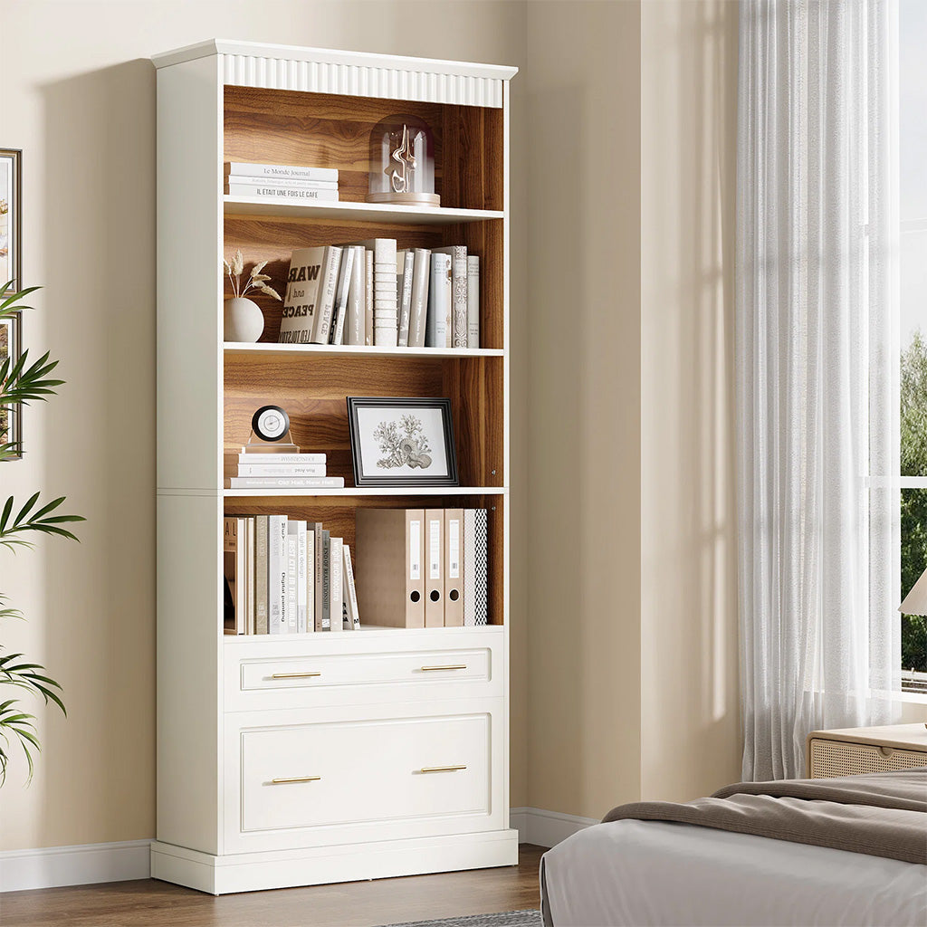 White bookcase with drawers