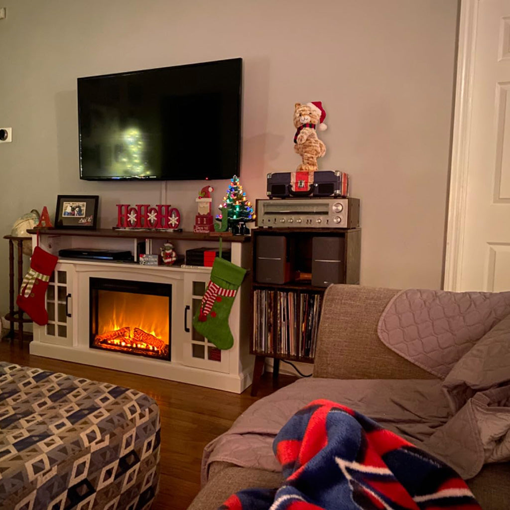 modern white farmhouse tv stand with fireplace