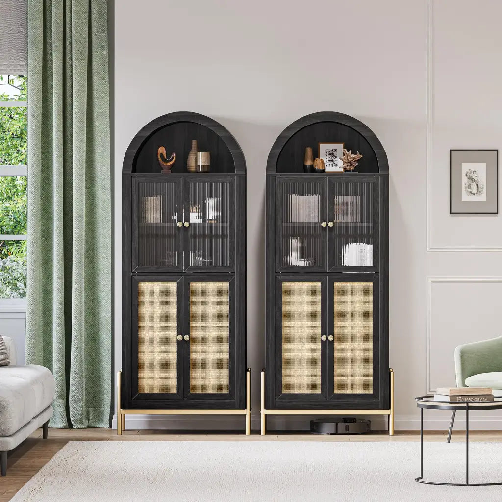arched tall bookcases in living room