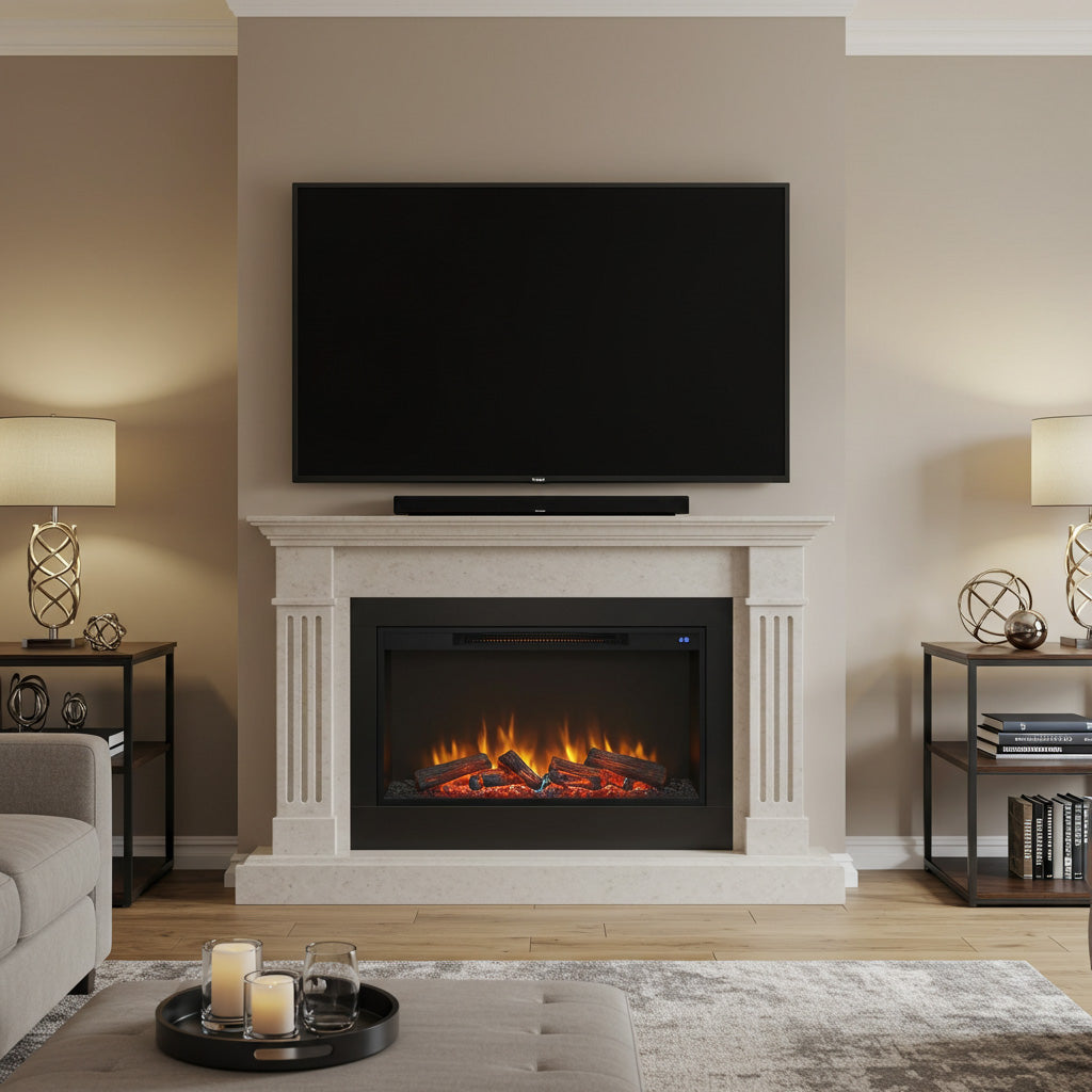 room flat screen tv above electric fireplace