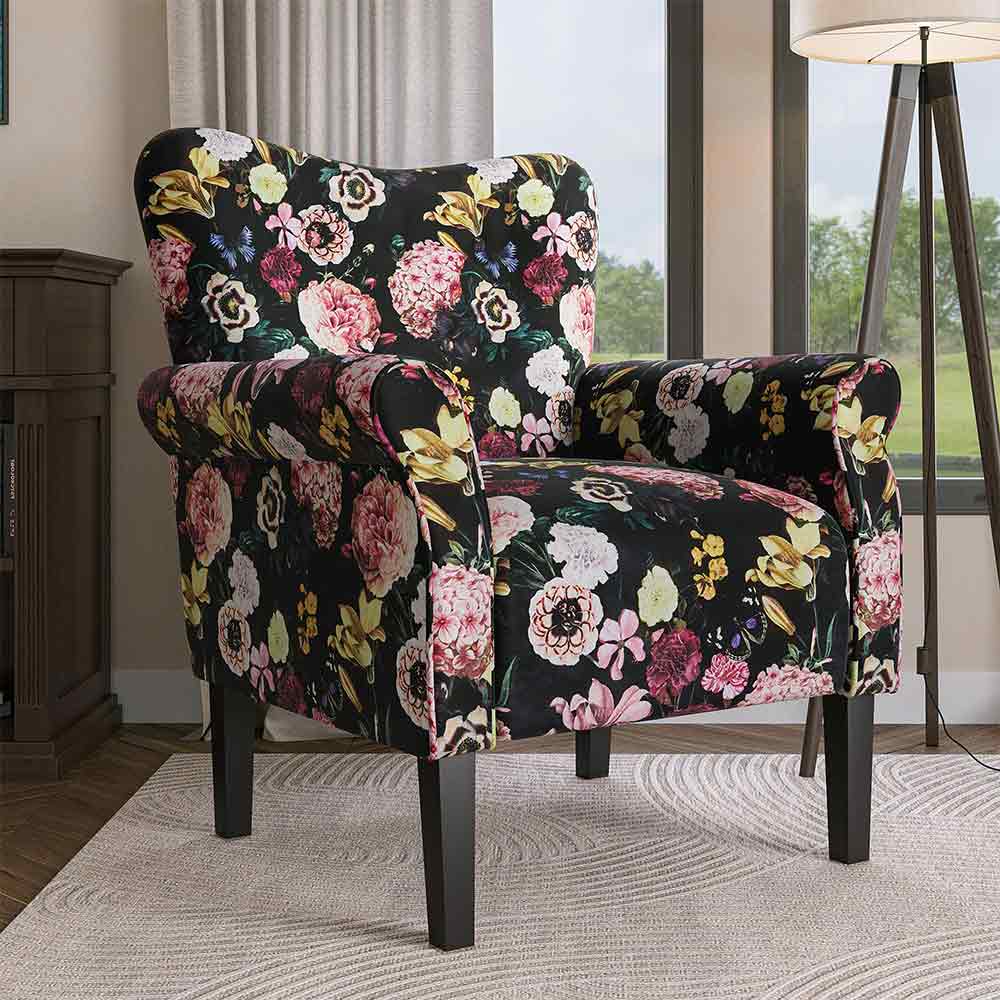Allston Armchair Floral Design Padded Armrests Dark Wood Legs
