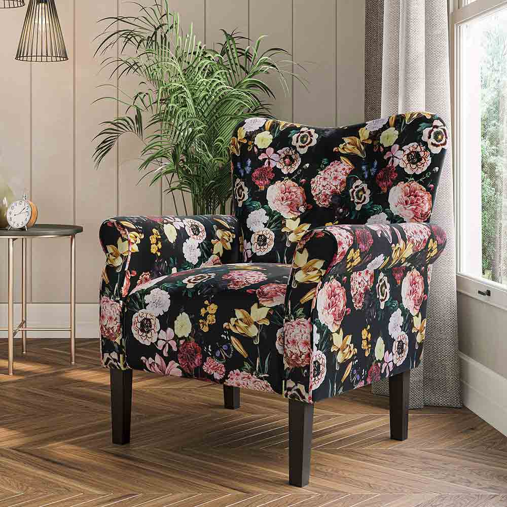 Allston Armchair Floral Design Padded Armrests Dark Wood Legs