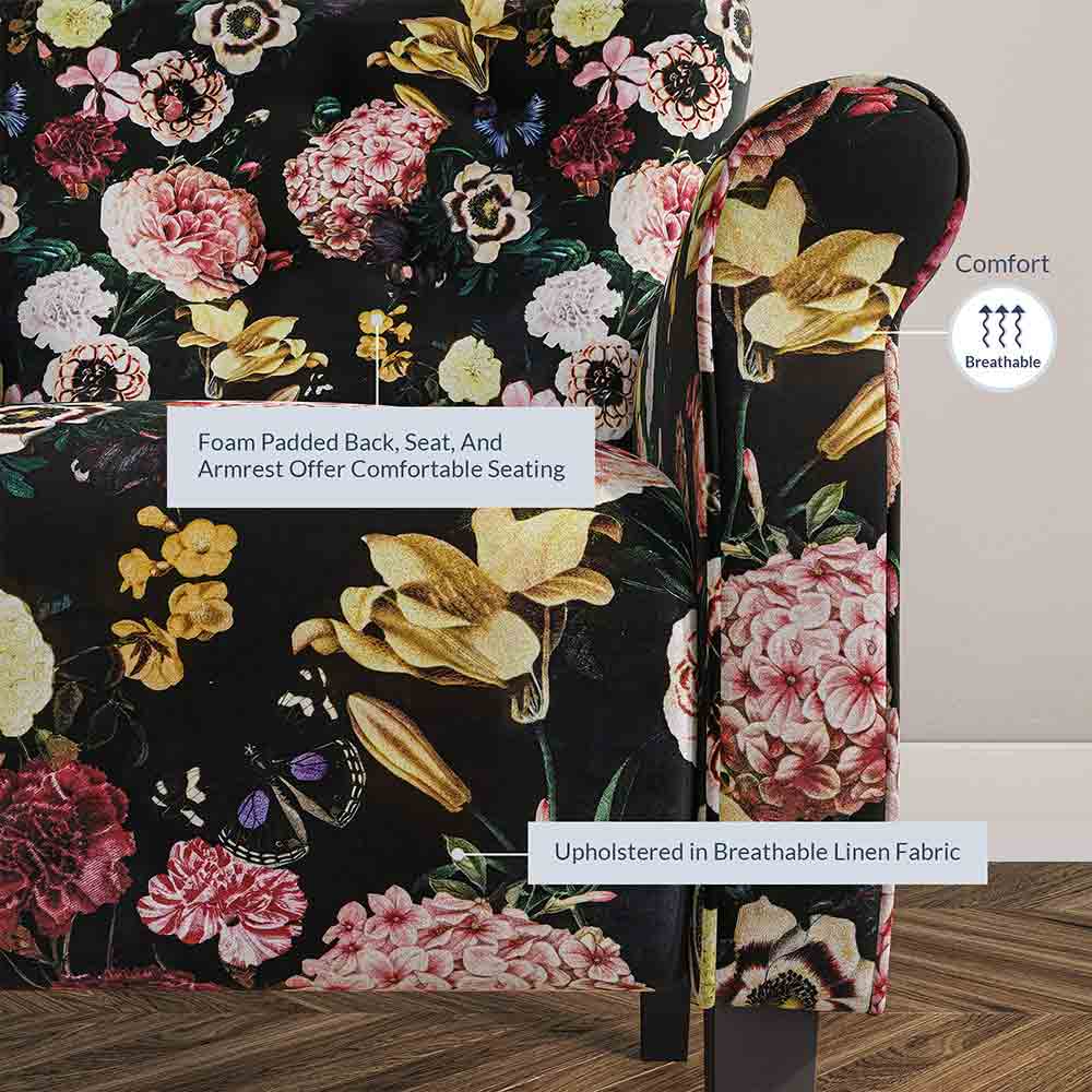 Allston Armchair Floral Design Padded Armrests Dark Wood Legs