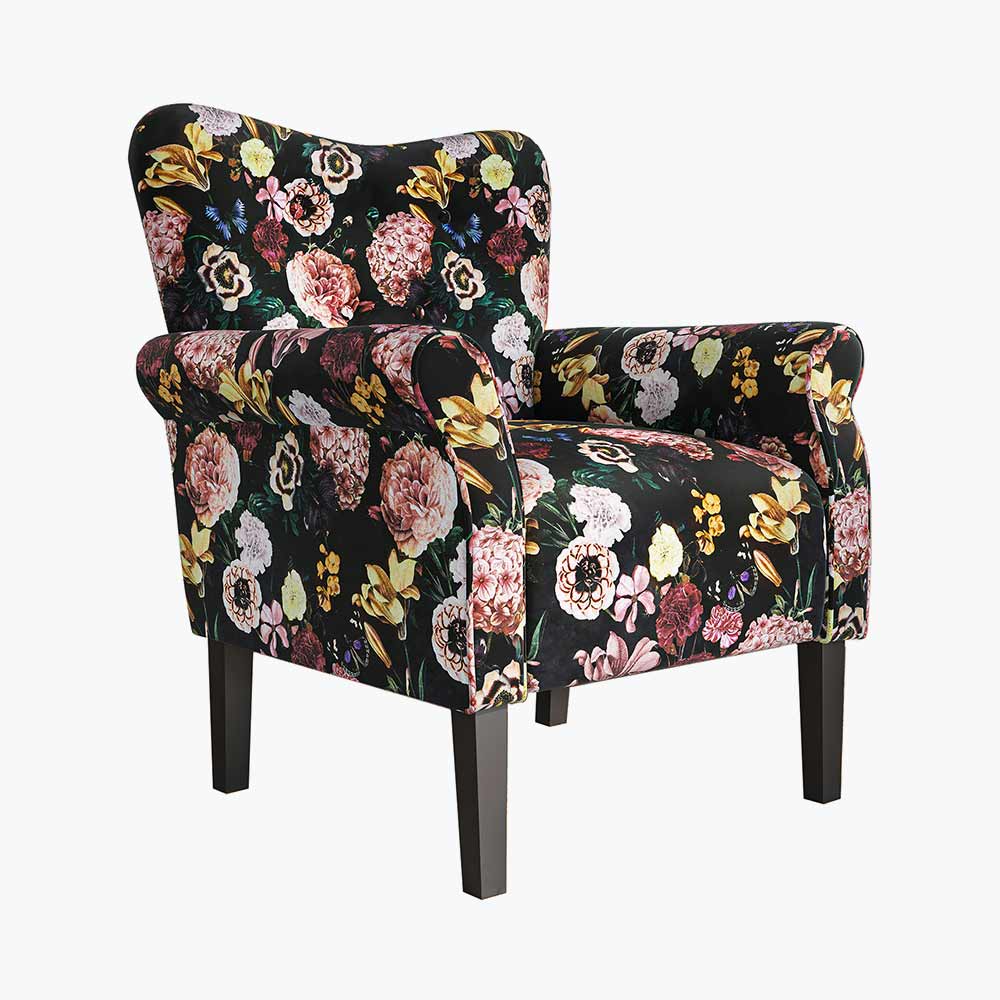 Allston Armchair Floral Design Padded Armrests Dark Wood Legs