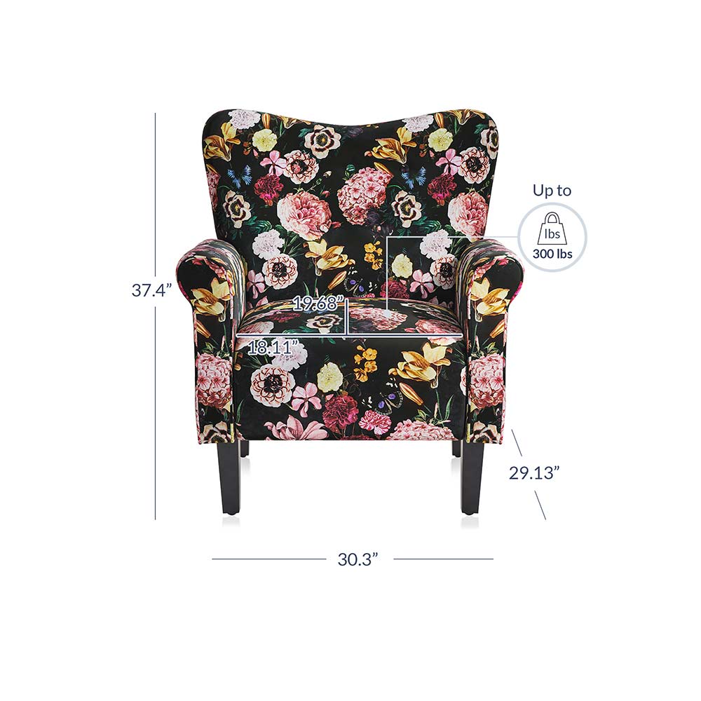 Allston Armchair Floral Design Padded Armrests Dark Wood Legs