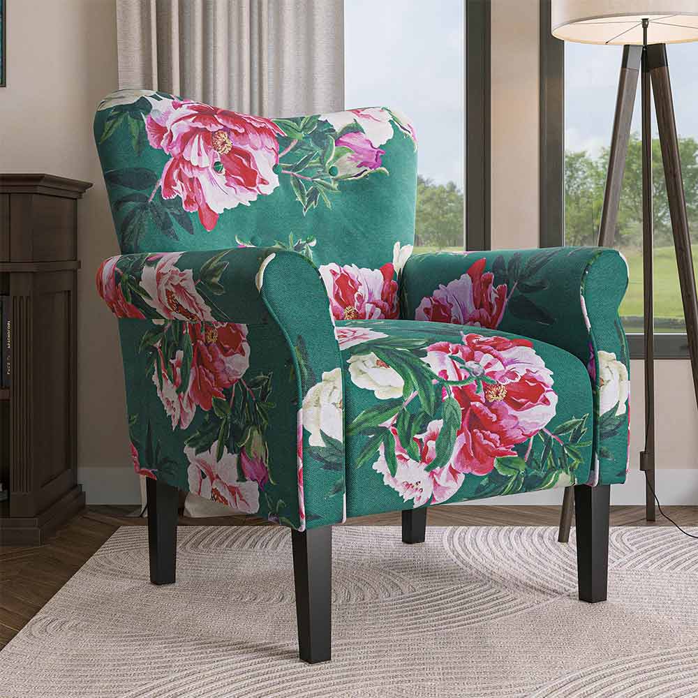 Allston Armchair Floral Design Padded Armrests Dark Wood Legs