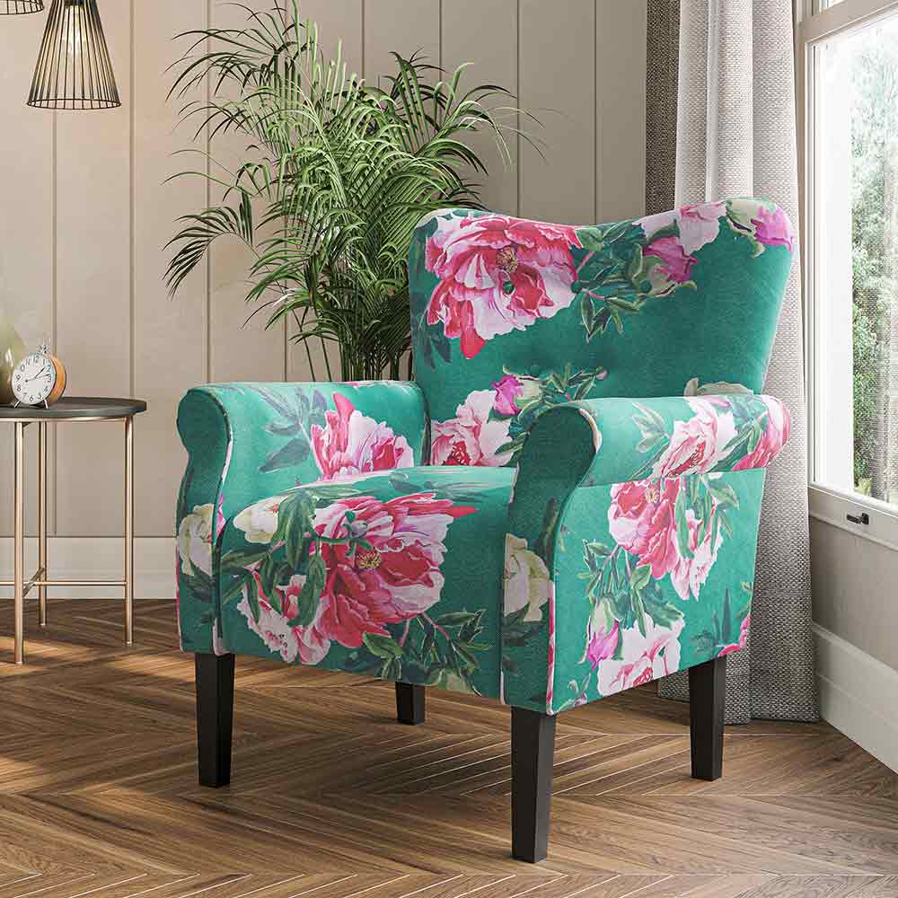 Allston Armchair Floral Design Padded Armrests Dark Wood Legs