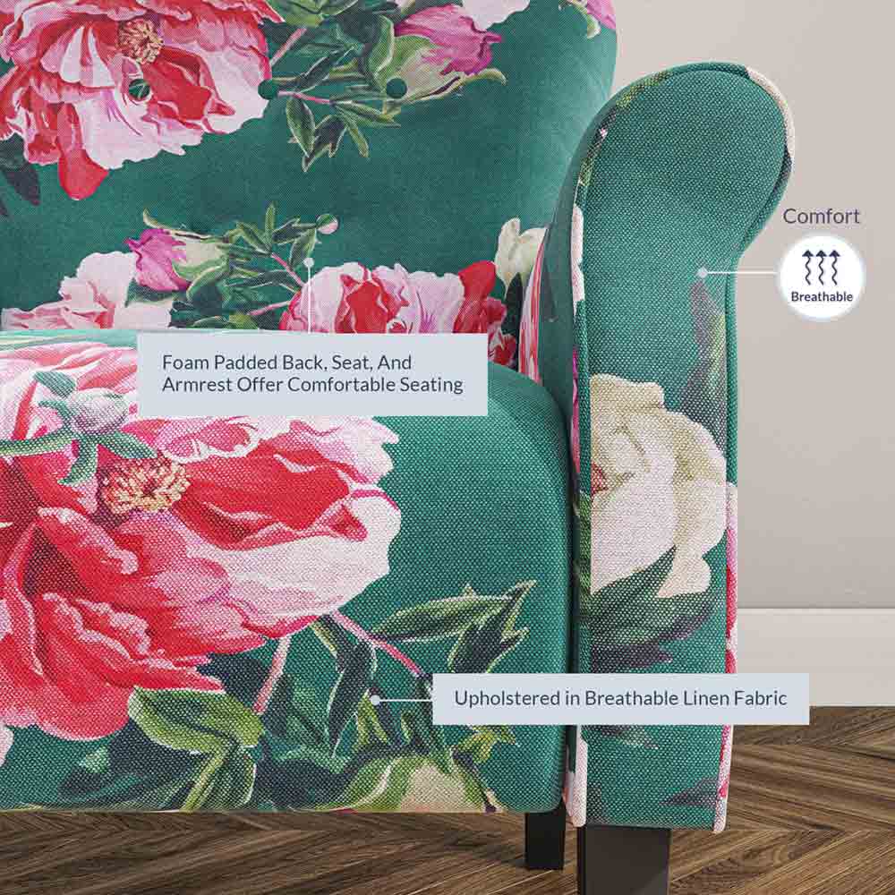 Allston Armchair Floral Design Padded Armrests Dark Wood Legs