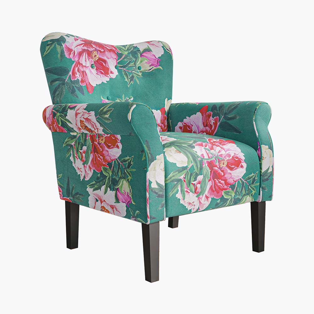 Allston Armchair Floral Design Padded Armrests Dark Wood Legs