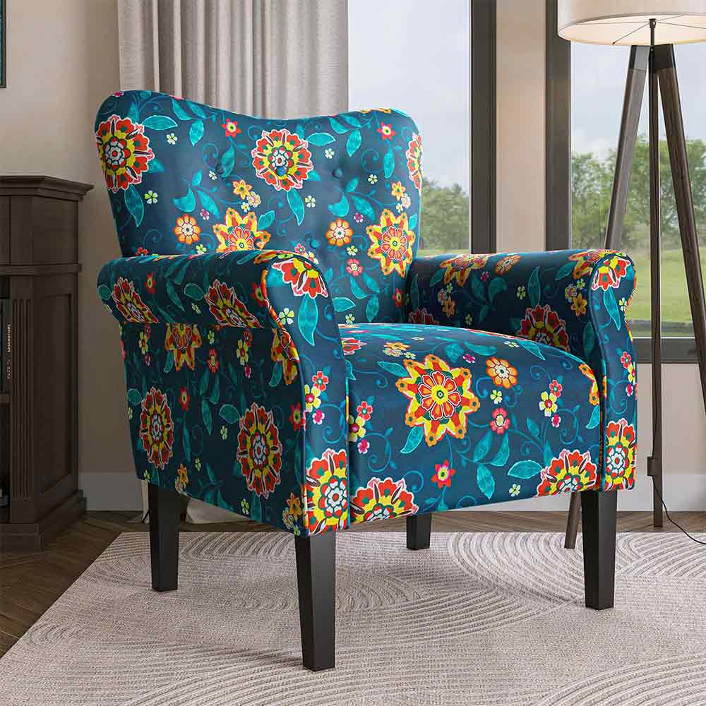 Allston Armchair Floral Design Padded Armrests Dark Wood Legs