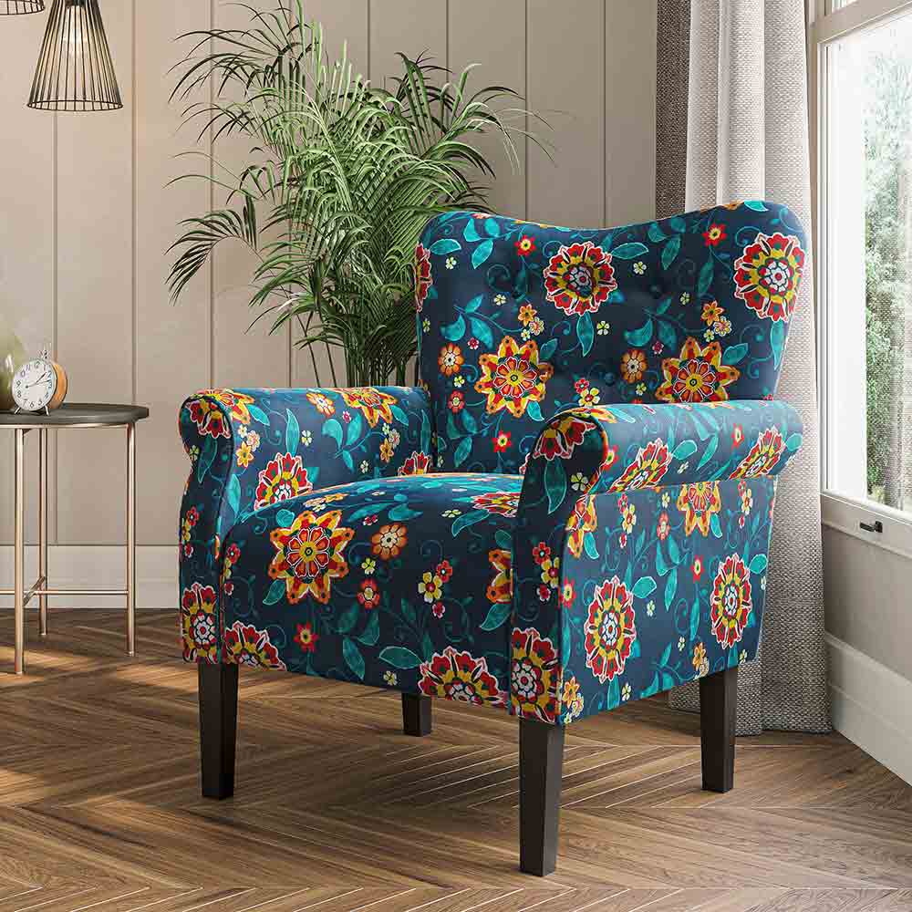 Allston Armchair Floral Design Padded Armrests Dark Wood Legs