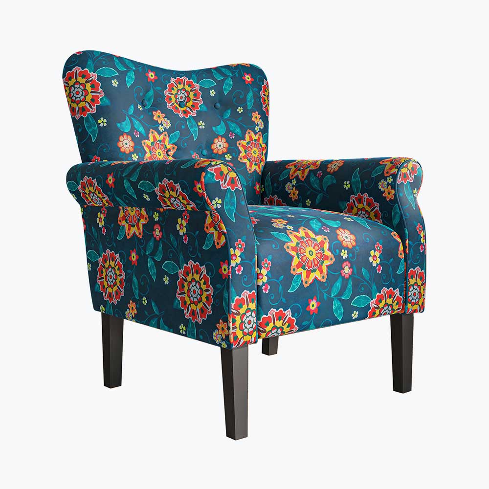 Allston Armchair Floral Design Padded Armrests Dark Wood Legs