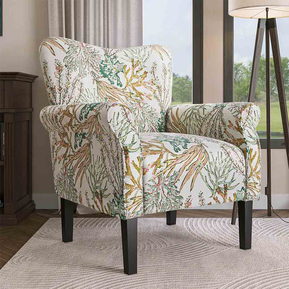 Allston Armchair Floral Design Padded Armrests Dark Wood Legs