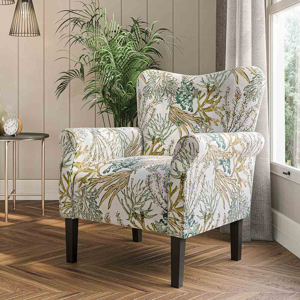 Allston Armchair Floral Design Padded Armrests Dark Wood Legs