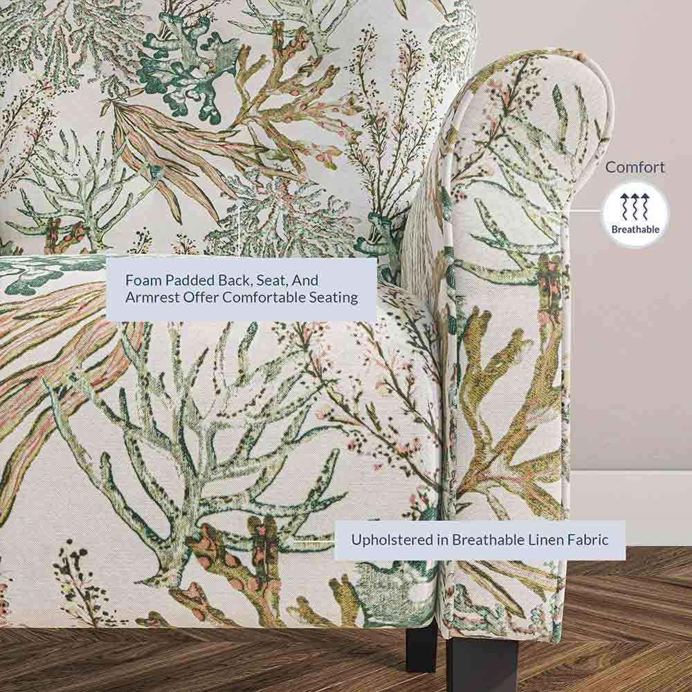 Allston Armchair Floral Design Padded Armrests Dark Wood Legs