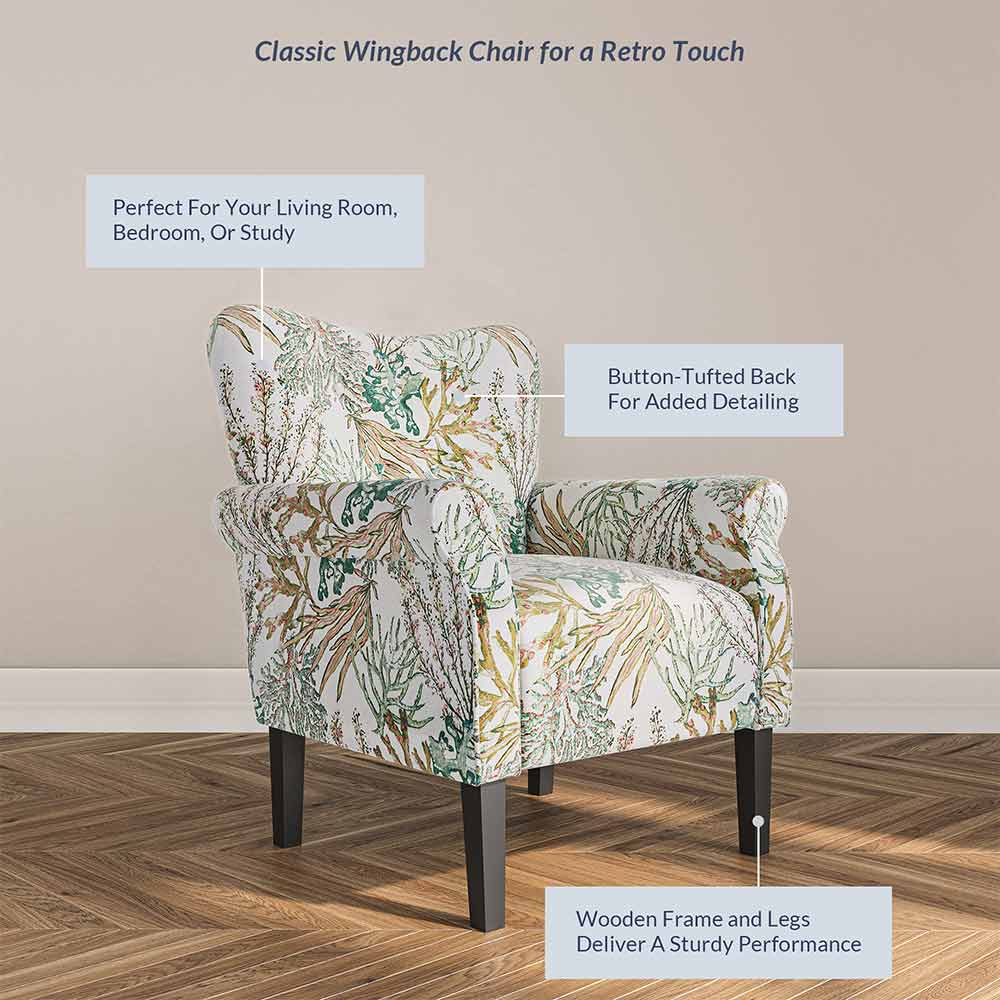 Allston Armchair Floral Design Padded Armrests Dark Wood Legs