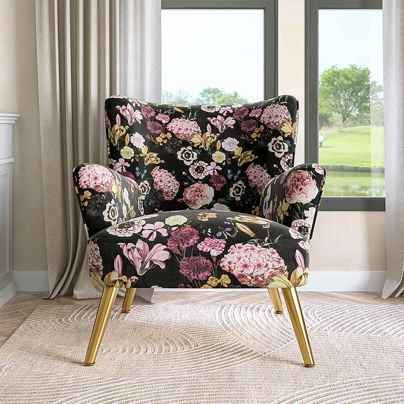 Holland Red Floral Velvet Accent Chair with Gold Metal Legs