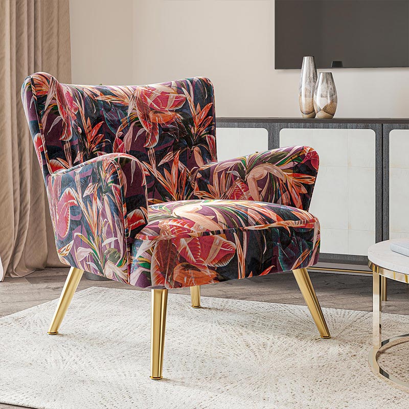 Holland Red Floral Velvet Accent Chair with Gold Metal Legs