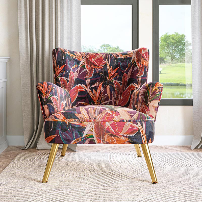 Holland Red Floral Velvet Accent Chair with Gold Metal Legs