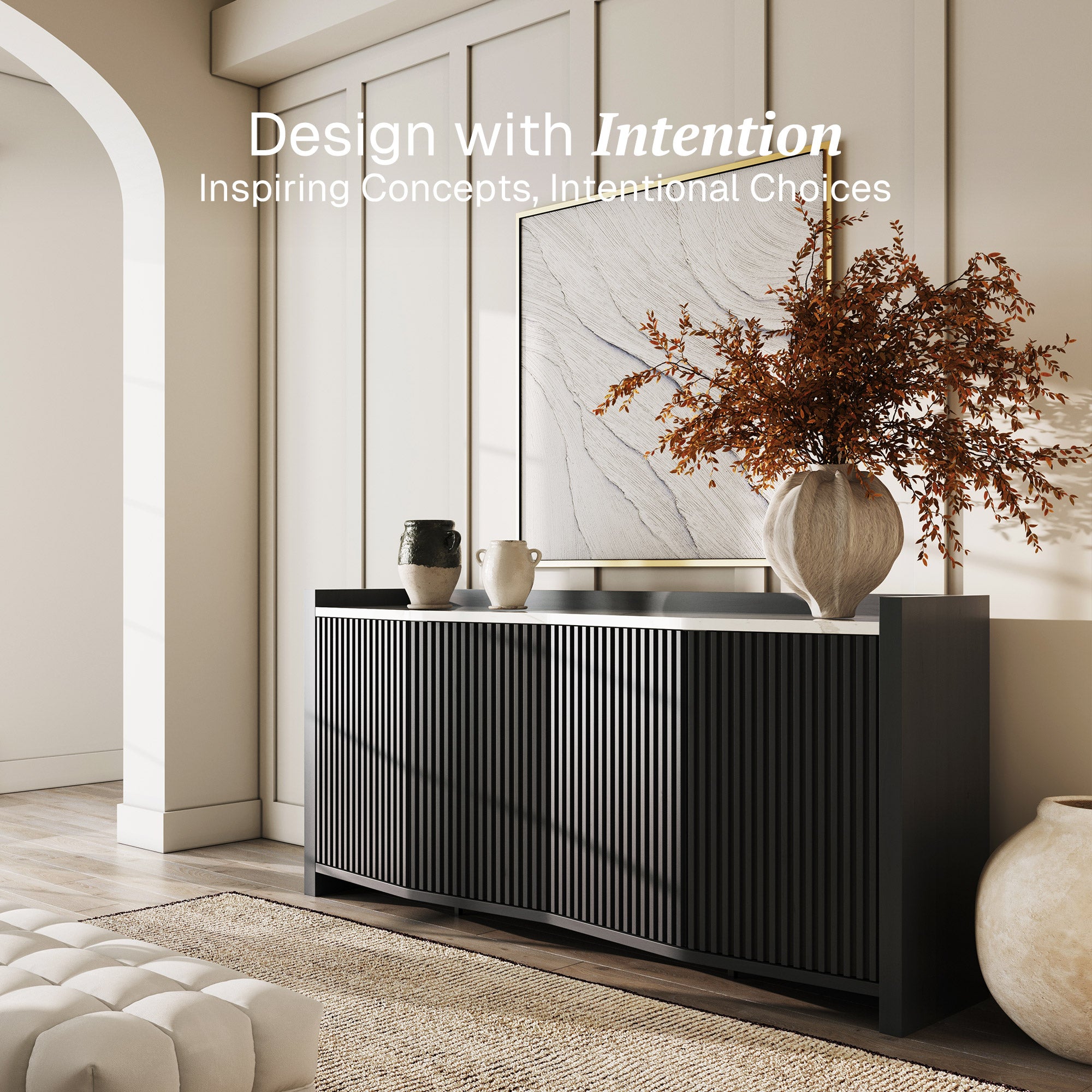 66" Fluted Black Buffet Cabinet with Marble Panel & Adjustable Shelves