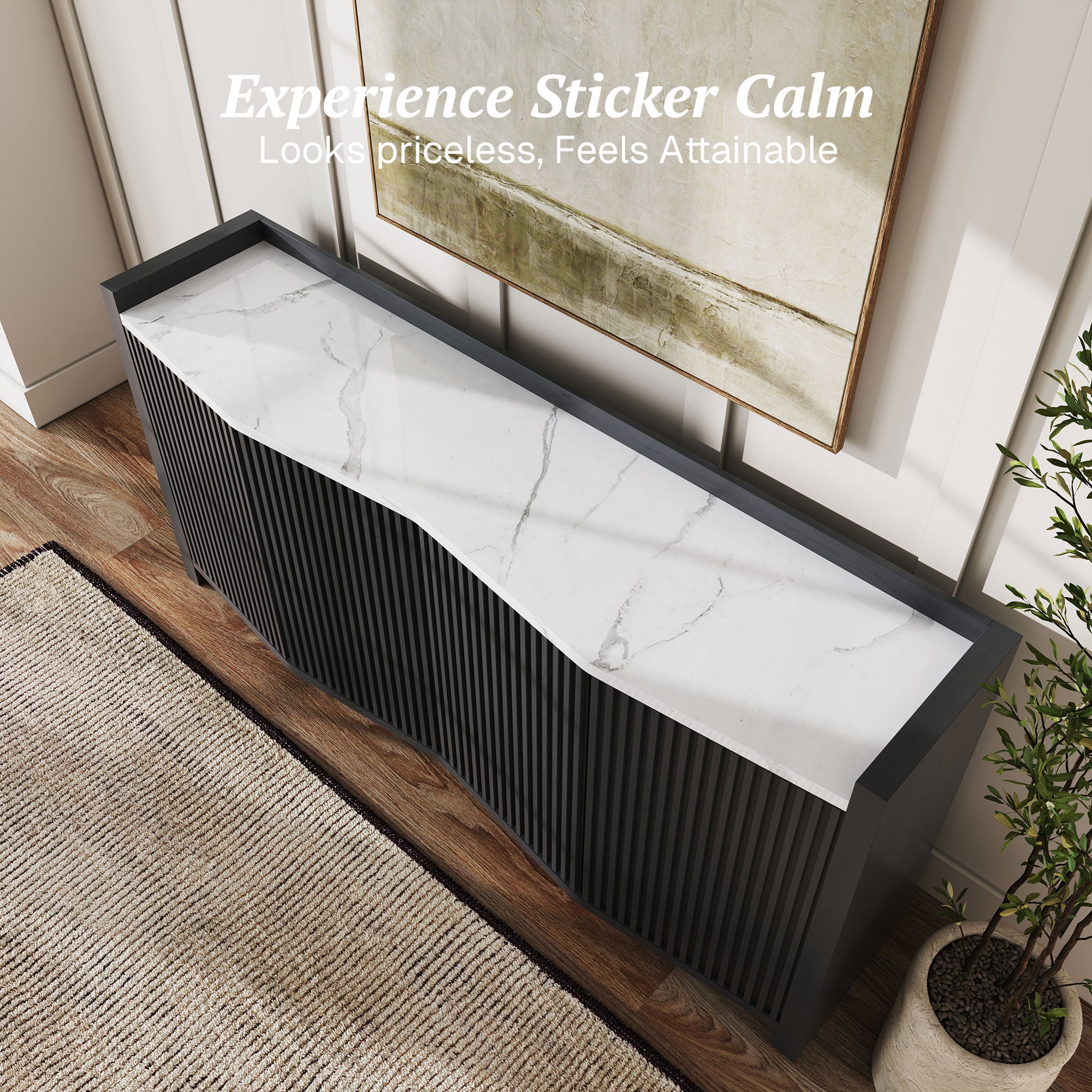 Belleze 66" Black Fluted Sideboard with Faux Marble Top