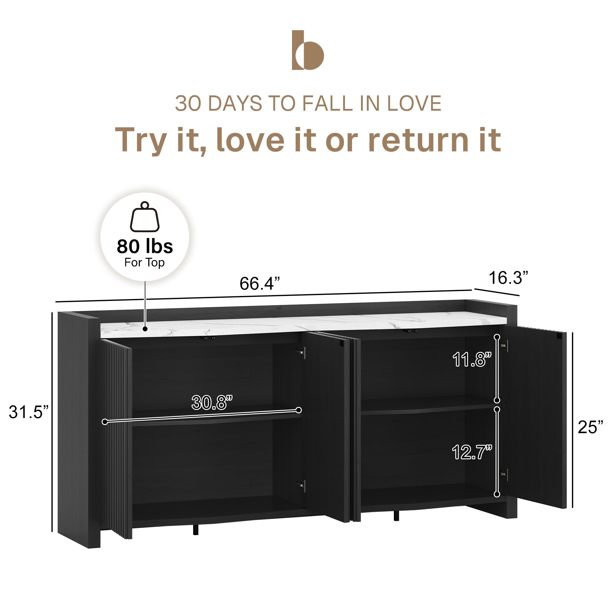 66" Fluted Black Buffet Cabinet with Marble Panel & Adjustable Shelves