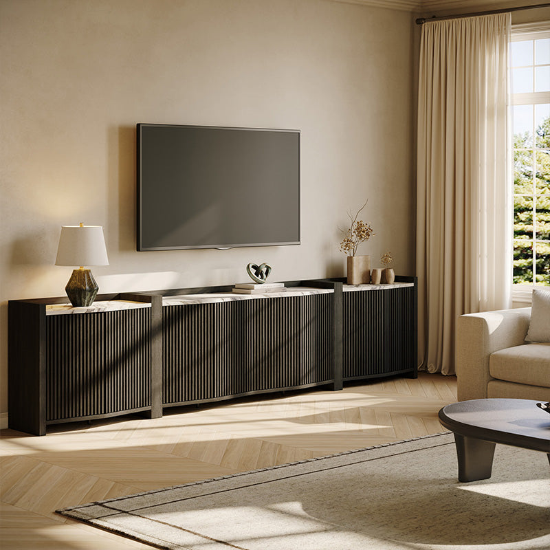 Delphi Faux Marble Top Black Fluted TV Stand Set (3-Piece)