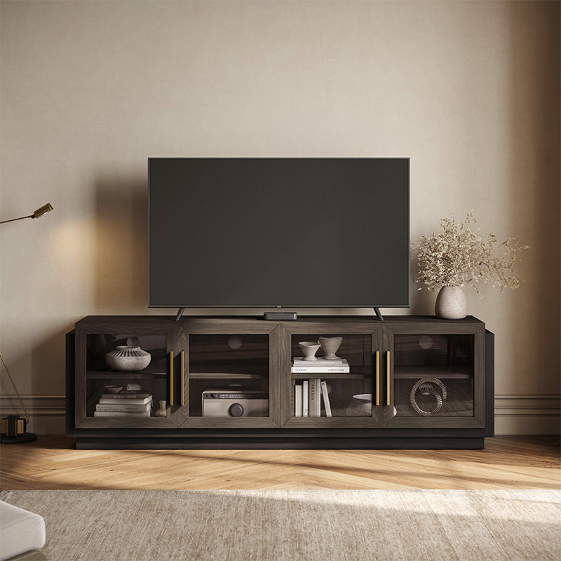 Modern Long TV Stand with Glass Doors for 75 inch TVs