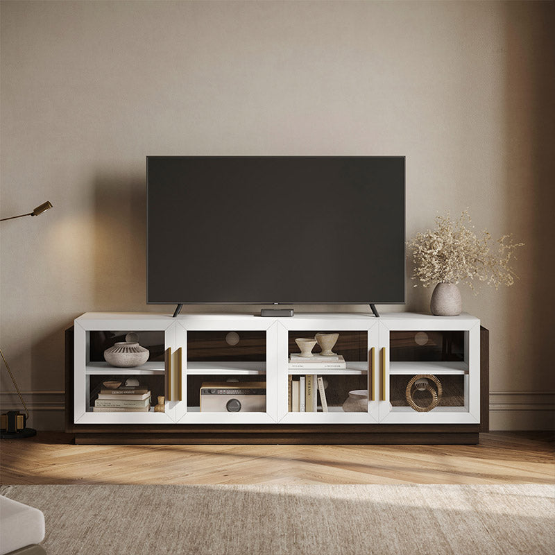 Modern Long TV Stand with Glass Doors for 75 inch TVs