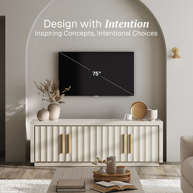 Libra 68" White Modern TV Stand with Wave-Pattern Doors