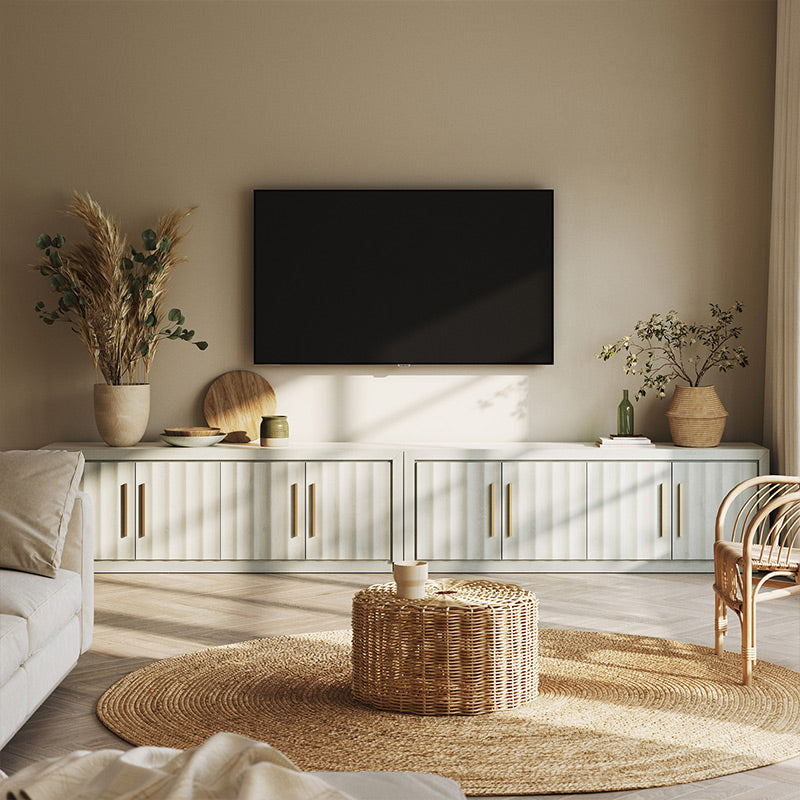 Libra Set of 2 68" White Modern TV Stand with Wave-Pattern Doors