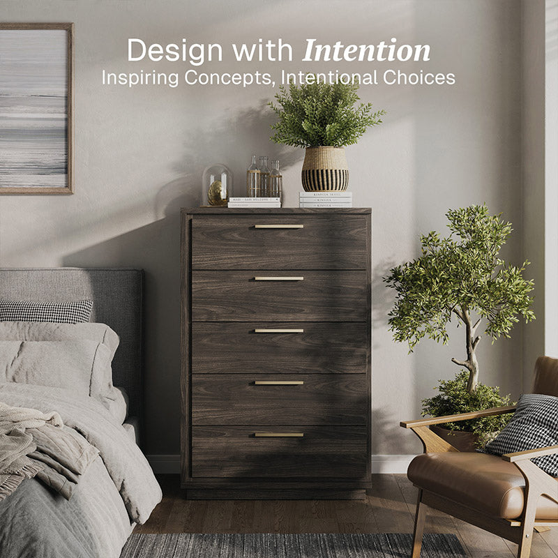 BELLEZE New Port 31.5" 5-Drawer Chest, Rose Gold Handles, Tall Cabinet