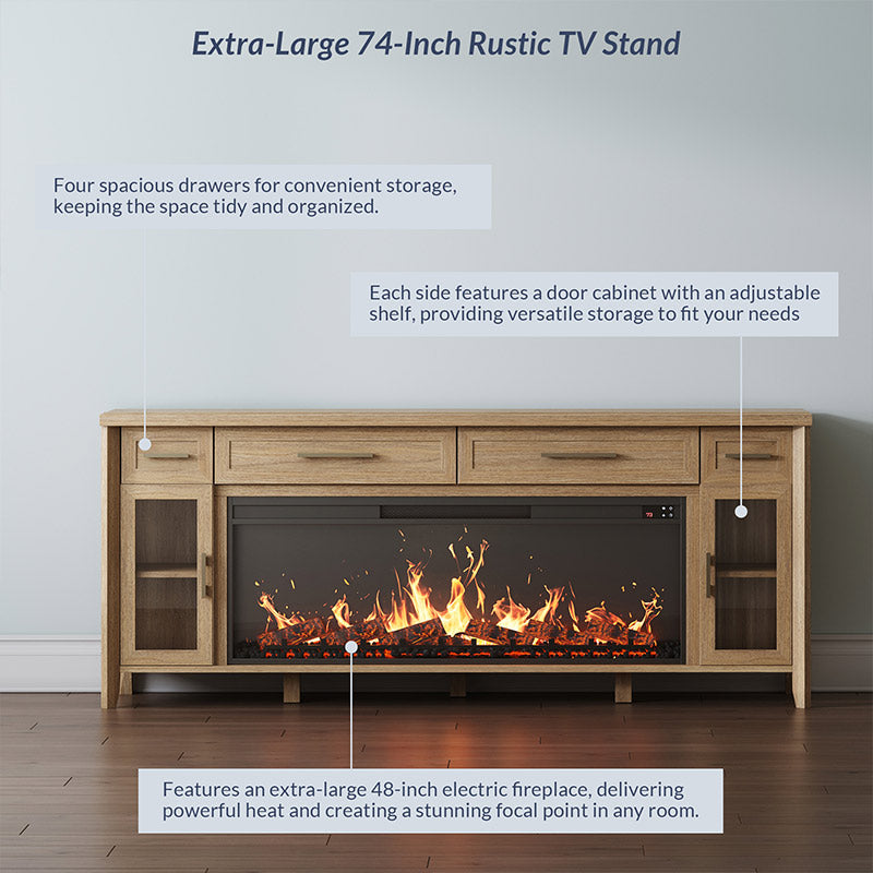 Belleze 74" Rustic Fireplace TV Stand with Glass Doors & Drawers