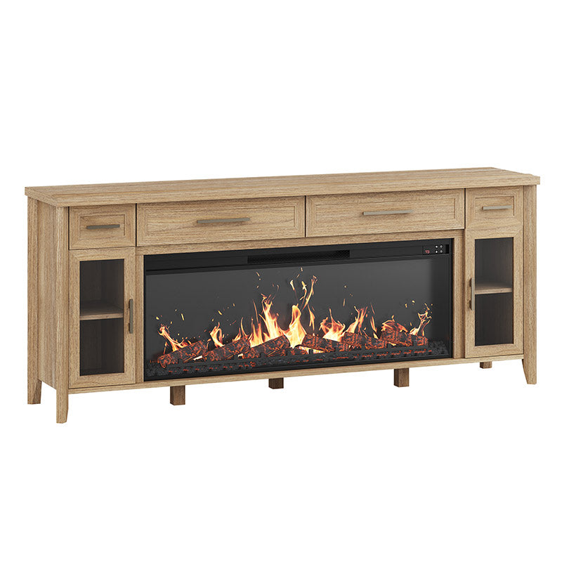 Belleze 74" Rustic Fireplace TV Stand with Glass Doors & Drawers