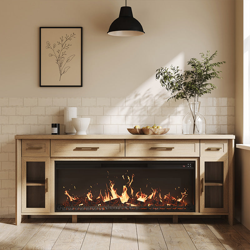 Belleze 74 Inch Rustic TV Stand with 48 Inch Electric Fireplace, Extra Large Entertainment Center with Storage Cabinets & 4 Drawers, Media Console